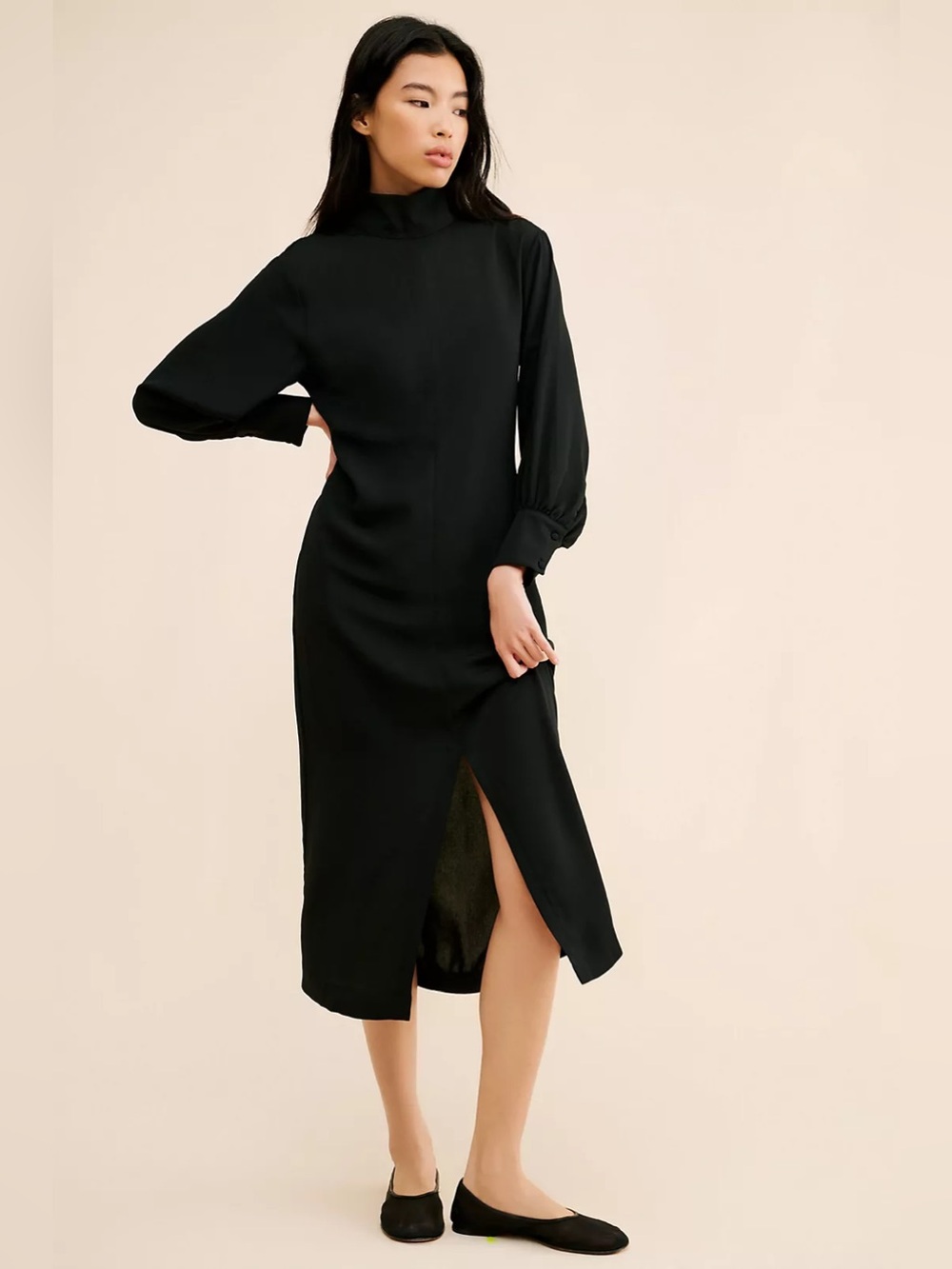 Maeve Long Sleeve Mock Neck MIDI Dress Front Slit Women S Black